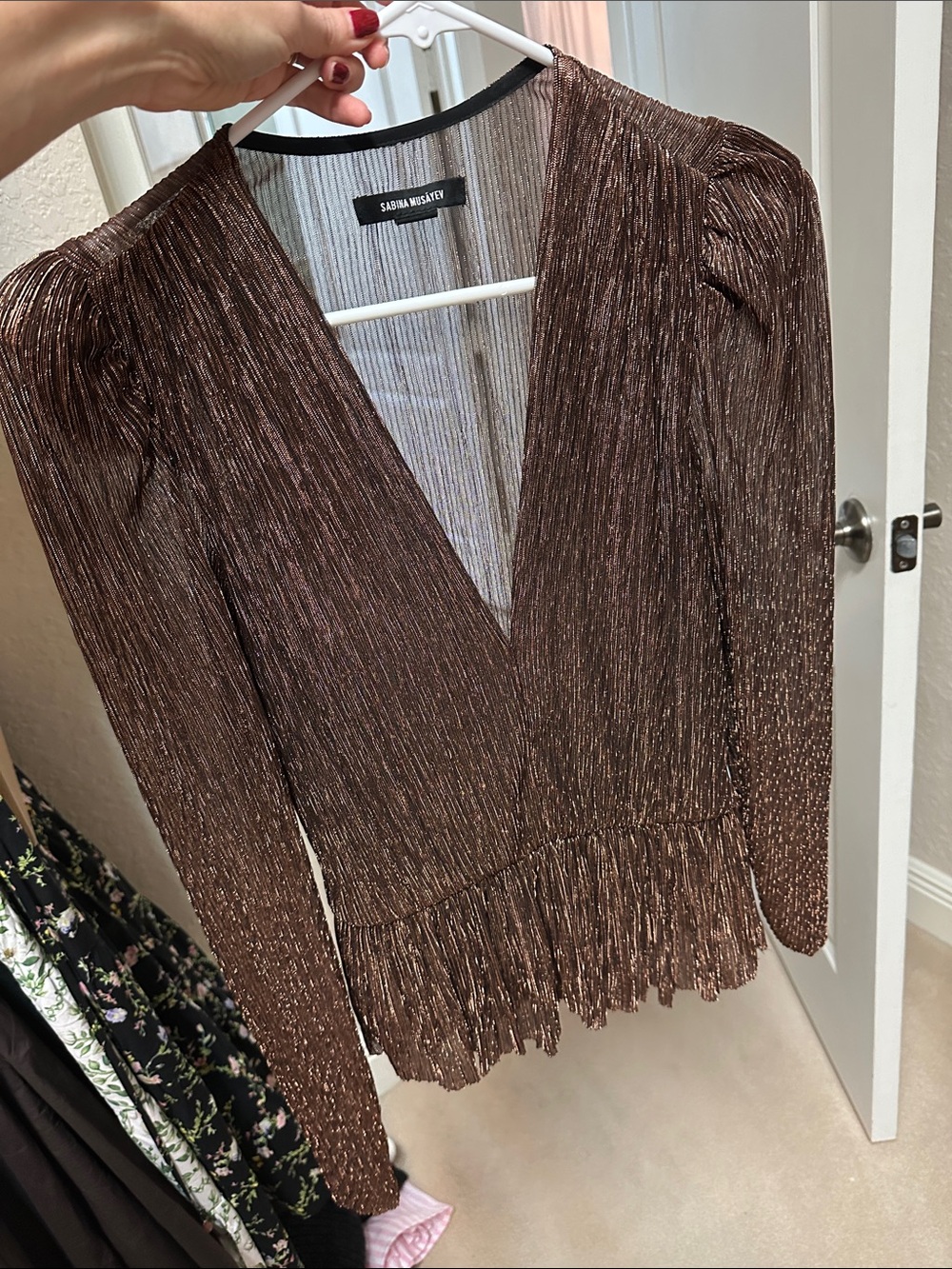 Sabina Musayev Shimmery Bronze V-Neck Pleated Top